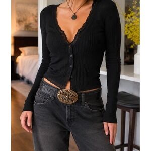 VTG Candie's Embossed Leather Belt Black Size M Ornate Gold Buckle Boho Western